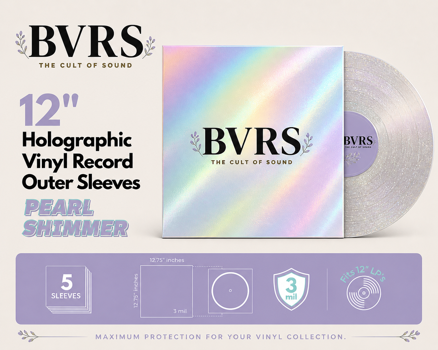 Pack 5 Fundas Exteriores Holográficas para Vinilos 12" Pearl Shimmer