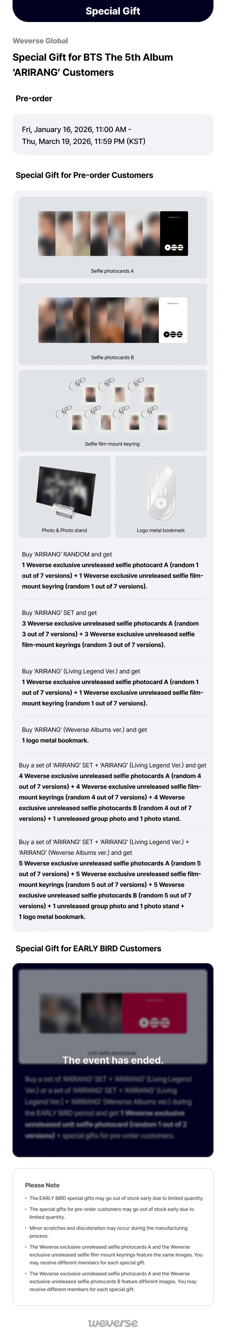 BTS - Arirang Early Bird Complete Bundle + Weverse Gift edition import