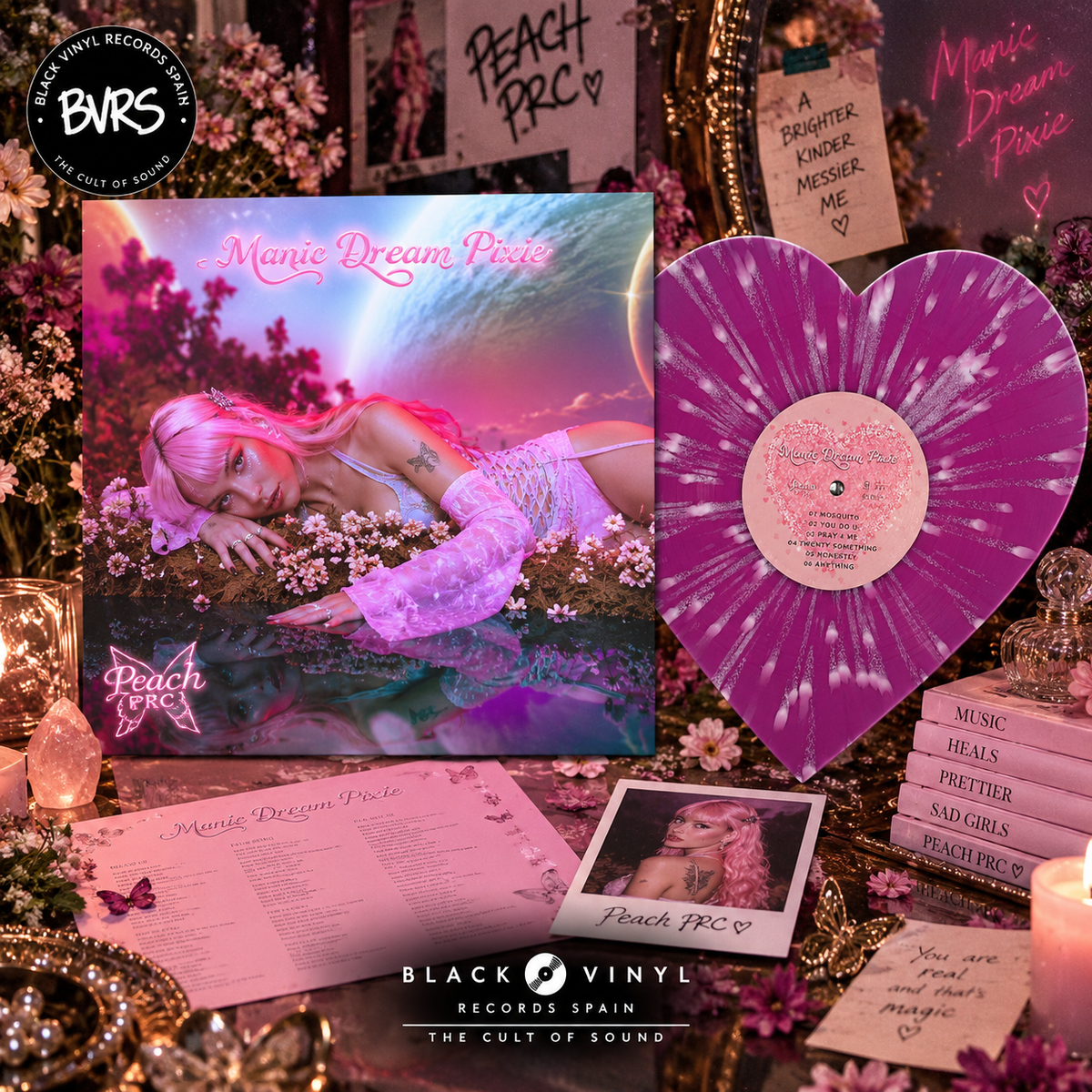 PEACH PRC – Manic Dream Pixie 1 Year Anniversary Pixie Dust Vinyl USA  Edición especial 1.º aniversario · Vinilo con forma de corazón · Pixie Dust Pink Splatter