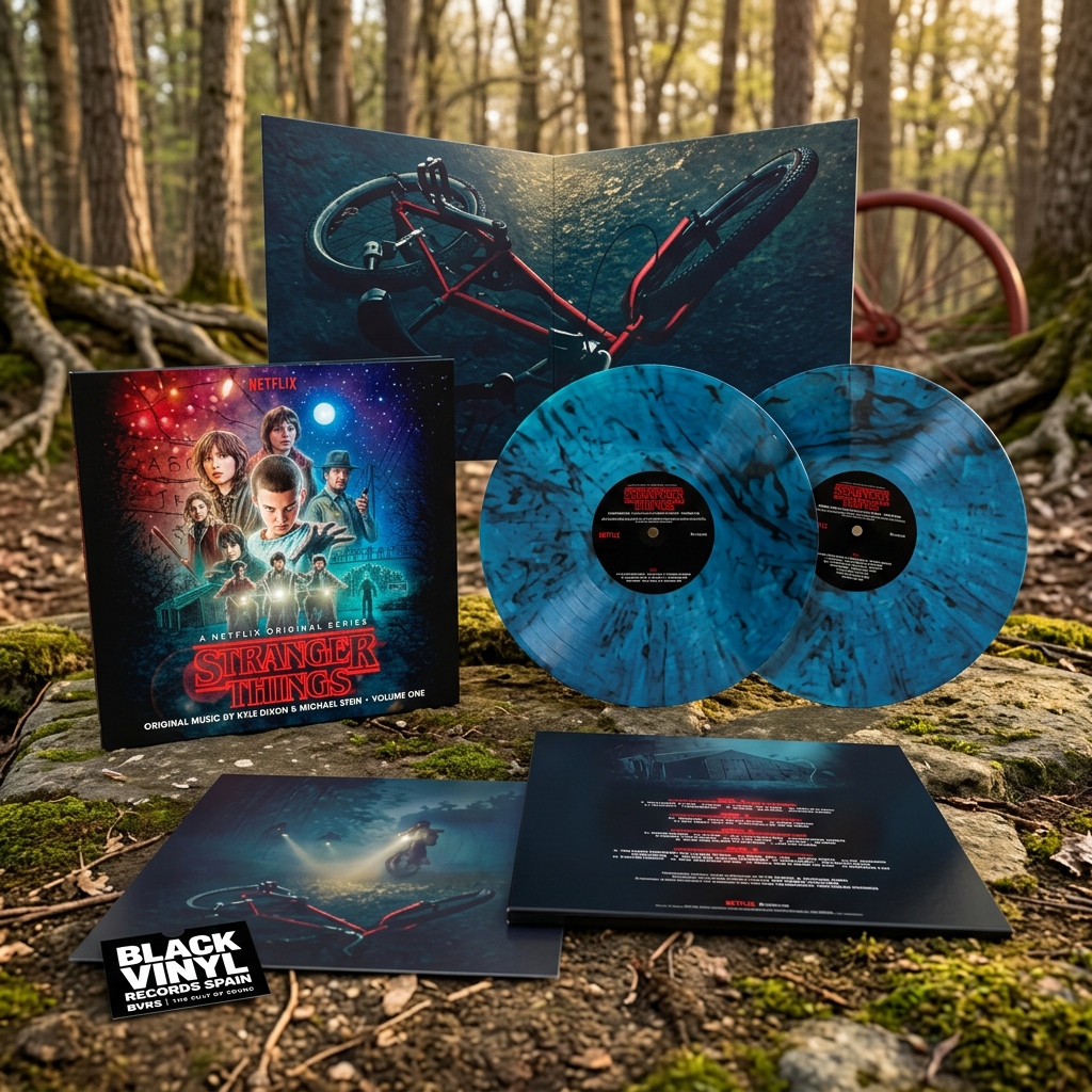BVRS con el packshot de Stranger Things, dos vinilos azules marmoleados y un entorno de bosque inspirado en la carpeta