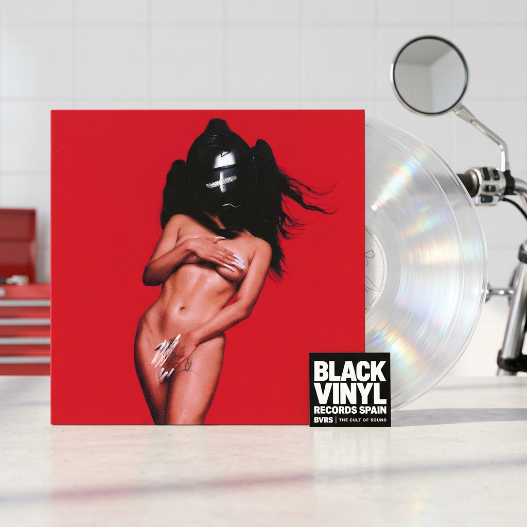 BVRS con portada roja y dos vinilos transparentes en un taller luminoso