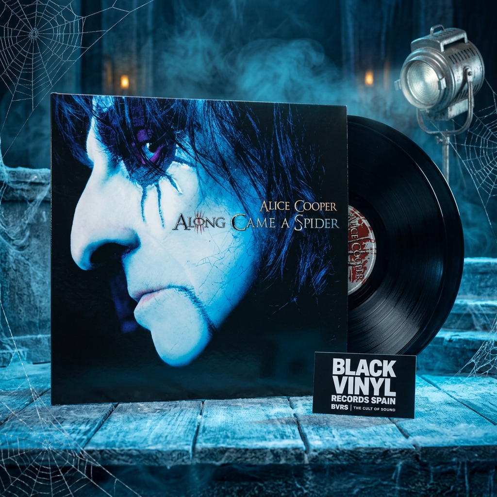 BVRS de Alice Cooper - Along Came A Spider en una escena teatral azul con detalles de telaraña