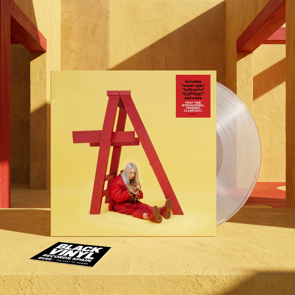 BVRS de Billie Eilish con escenario amarillo, estructuras rojas y tarjeta de la tienda