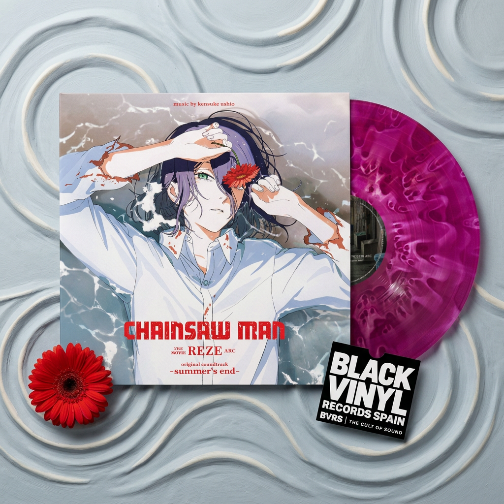 BVRS de Chainsaw Man Reze Arc con flor roja, relieves de ondas y vinilo magenta marmolado