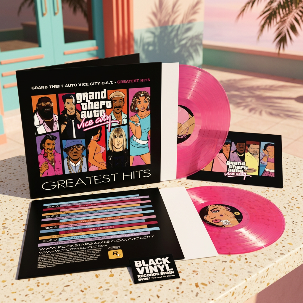BVRS de GTA Vice City Greatest Hits con doble vinilo rosa en una escena inspirada en Miami