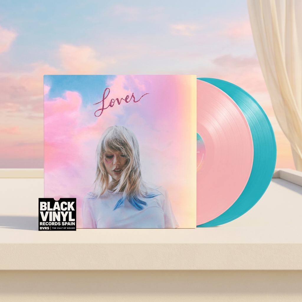 BVRS de Lover con cielo pastel y dos vinilos rosa y turquesa