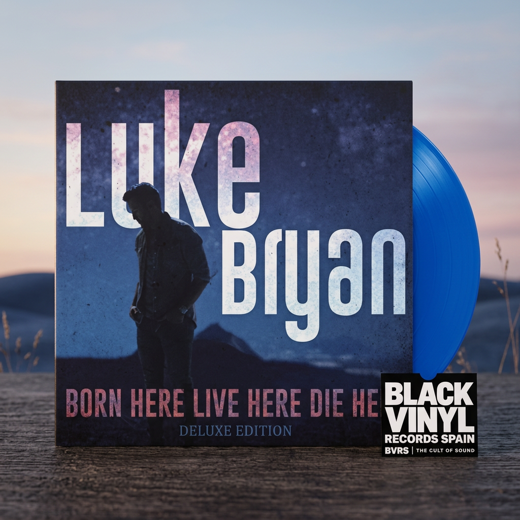 BVRS de Luke Bryan, conjunto centrado con vinilo azul y paisaje inspirado en la portada
