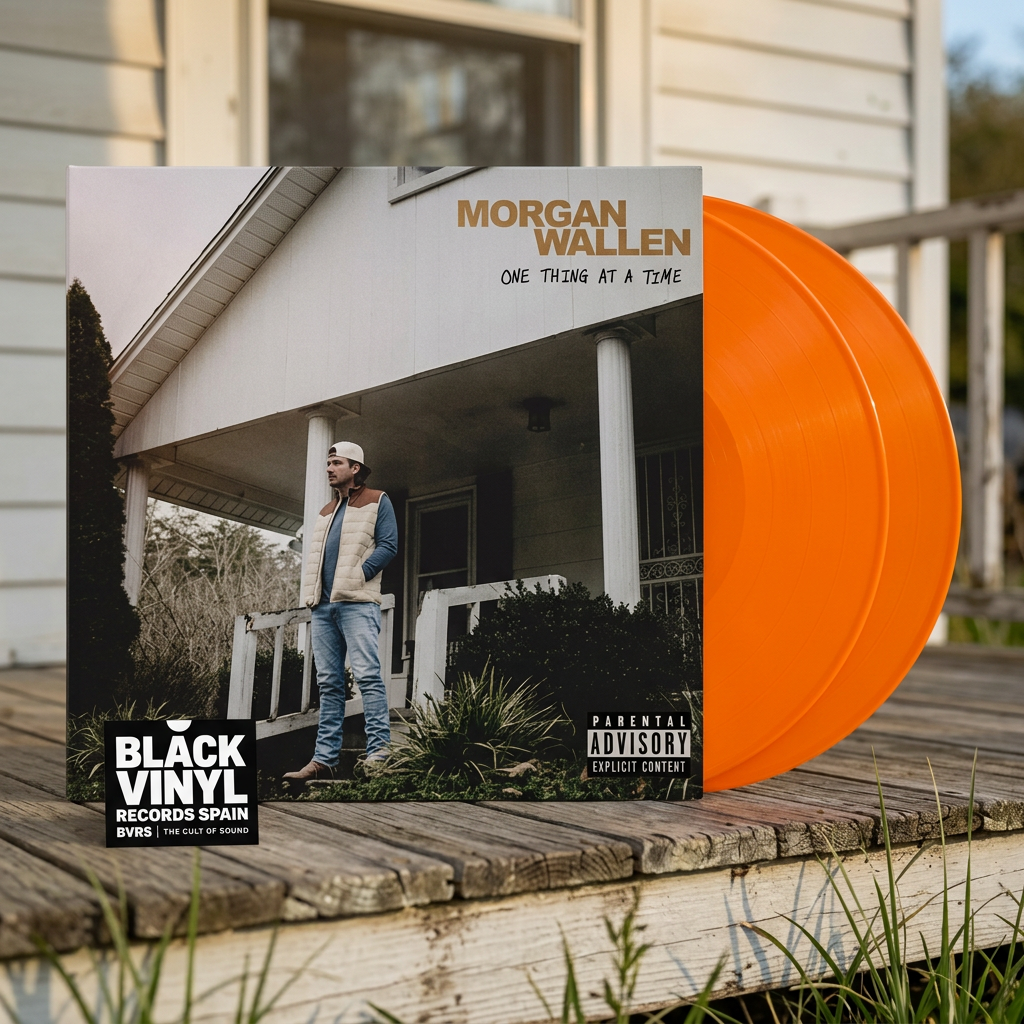 BVRS de Morgan Wallen, portada y tres vinilos naranjas centrados