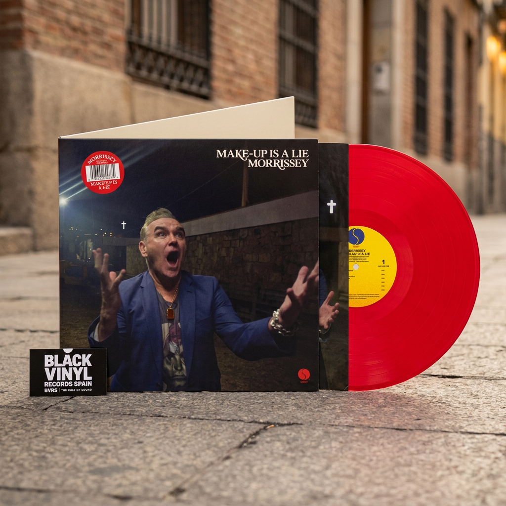 BVRS de Morrissey Make-Up Is A Lie con vinilo rojo en un entorno urbano cálido