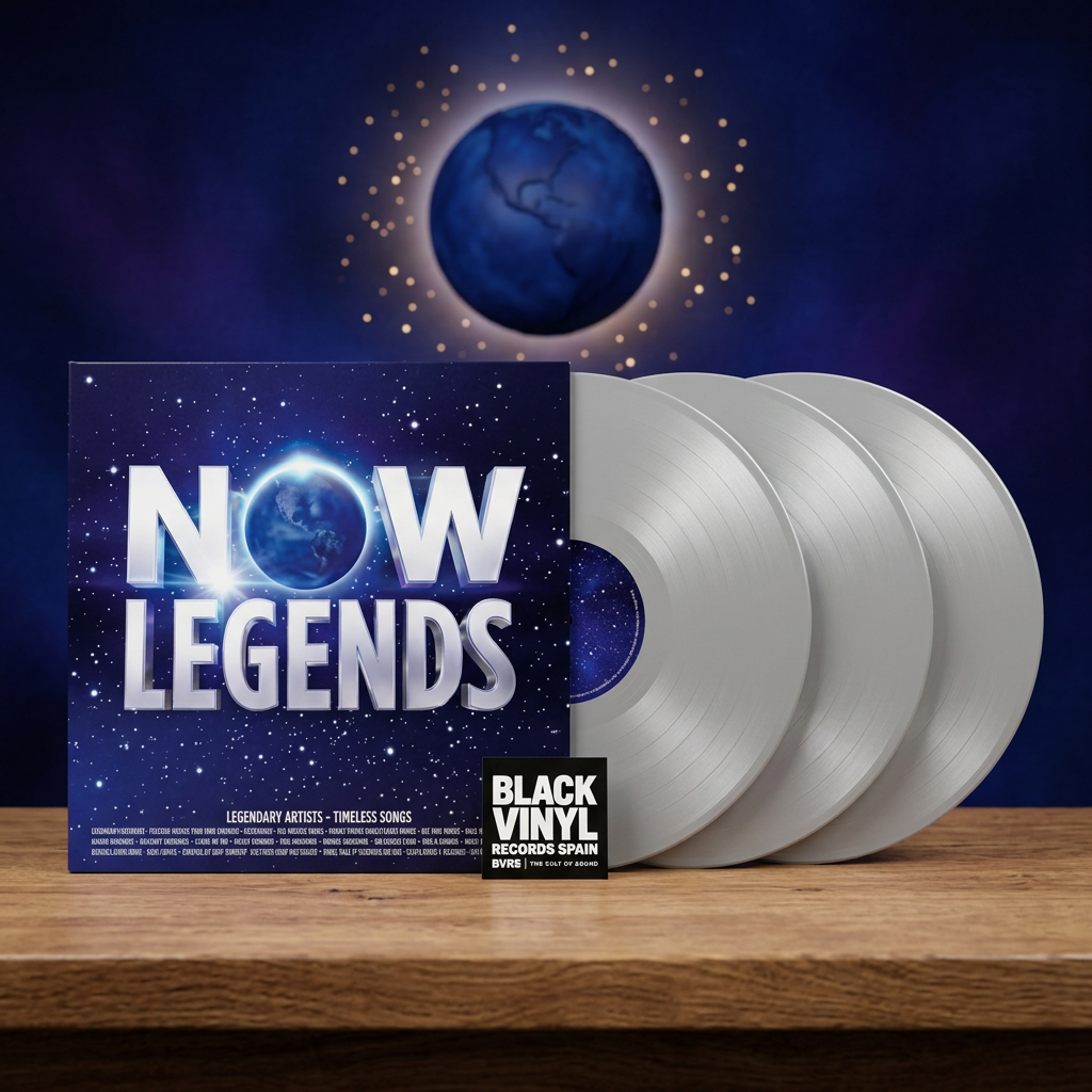 BVRS de NOW Legends con tres vinilos plateados y fondo celestial