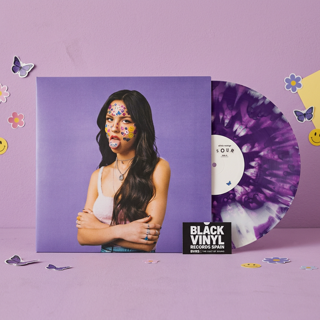 BVRS de Olivia Rodrigo SOUR con vinilo morado y blanco