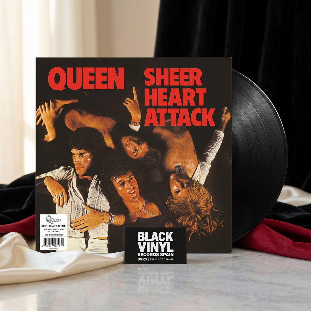 BVRS de Queen Sheer Heart Attack con satén marfil, terciopelo oscuro y detalles rojos inspirados en la portada