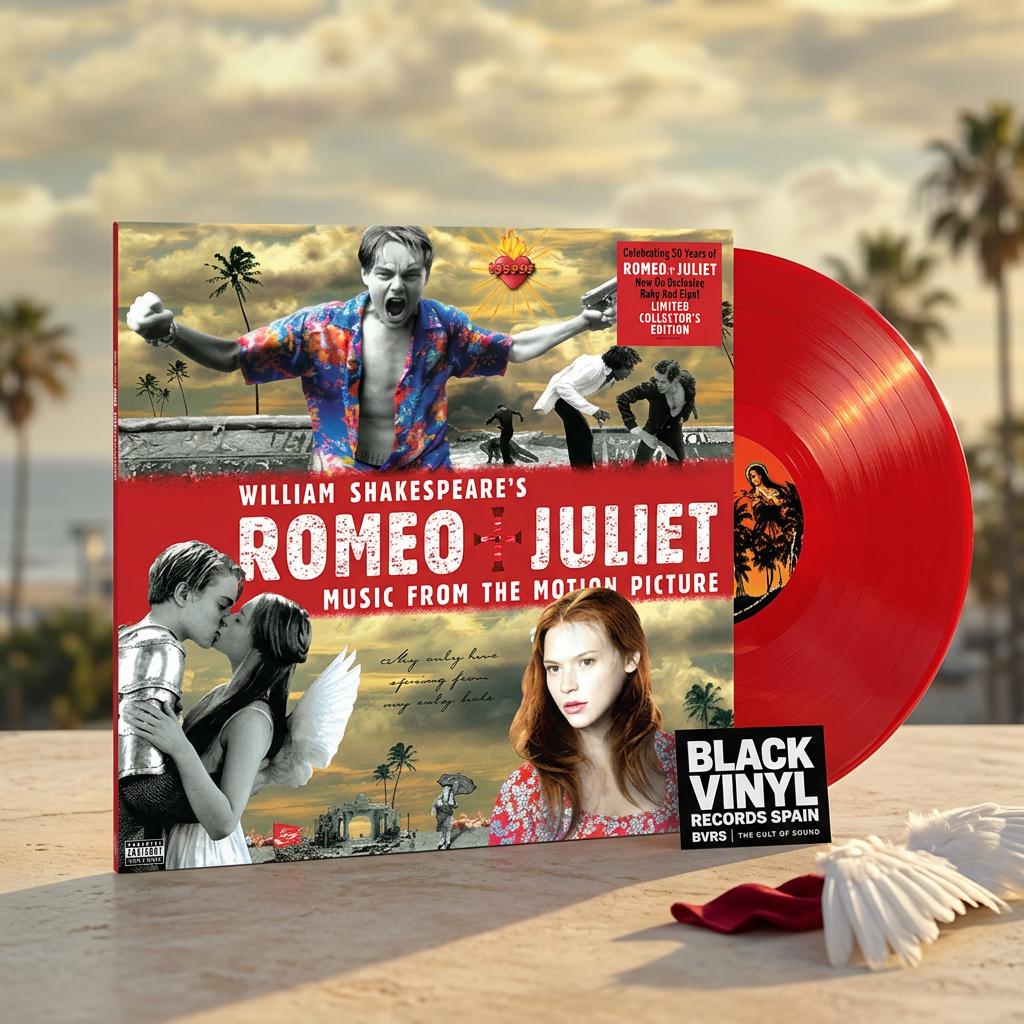 BVRS de Romeo + Juliet con palmeras, luz dorada y el vinilo rojo en primer plano