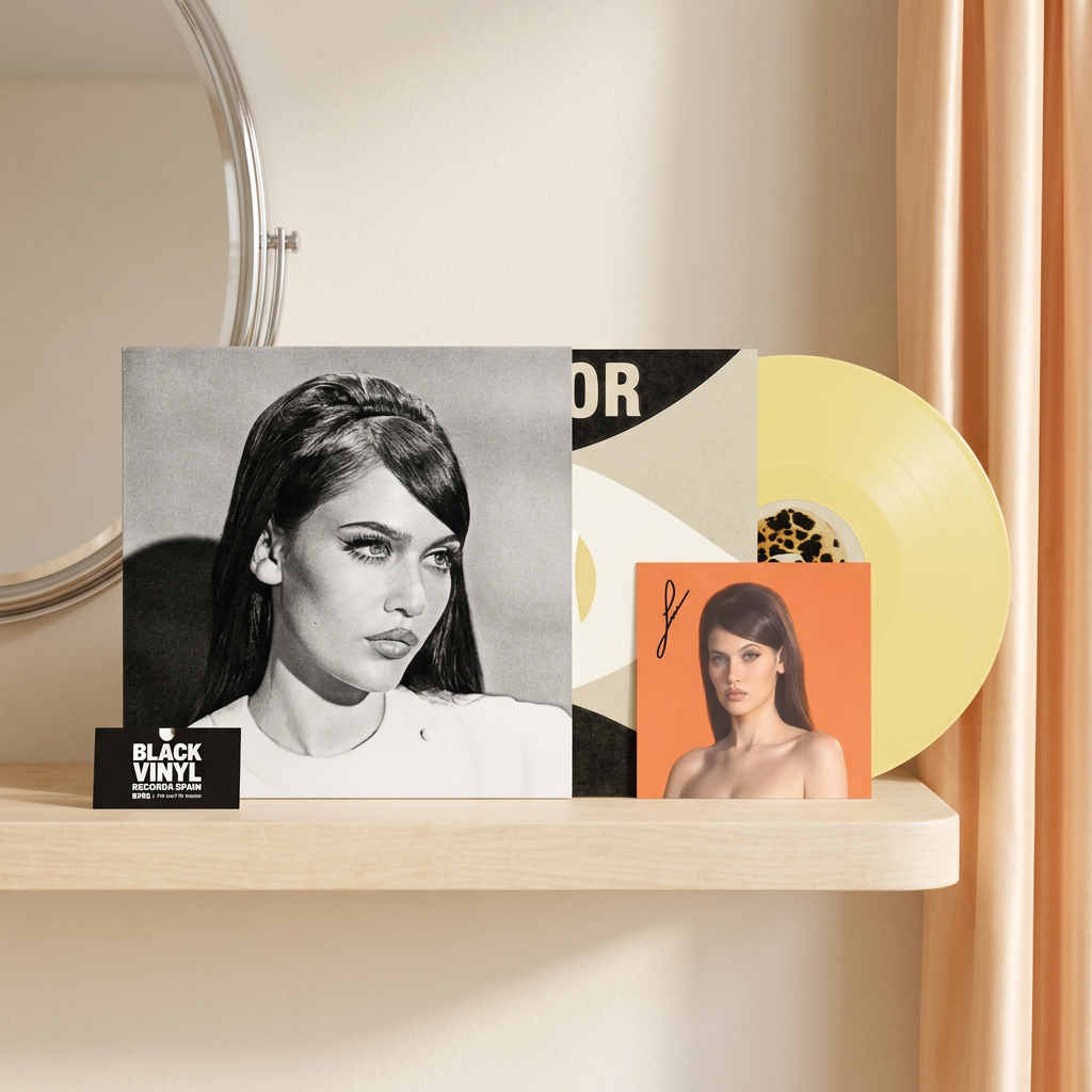 BVRS de Sienna Spiro con vinilo amarillo y lámina firmada, en una escena editorial crema y albaricoque