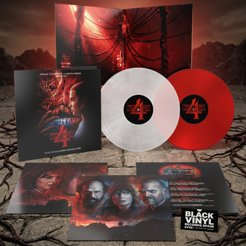 BVRS de Stranger Things 4 Volume Two con vinilos transparente y rojo y un entorno inspirado en las raíces de la carpeta