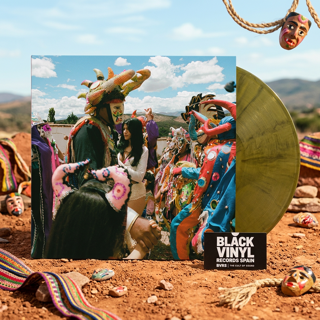 BVRS inspirada en las máscaras y tejidos de la portada, con el vinilo oliva como protagonista