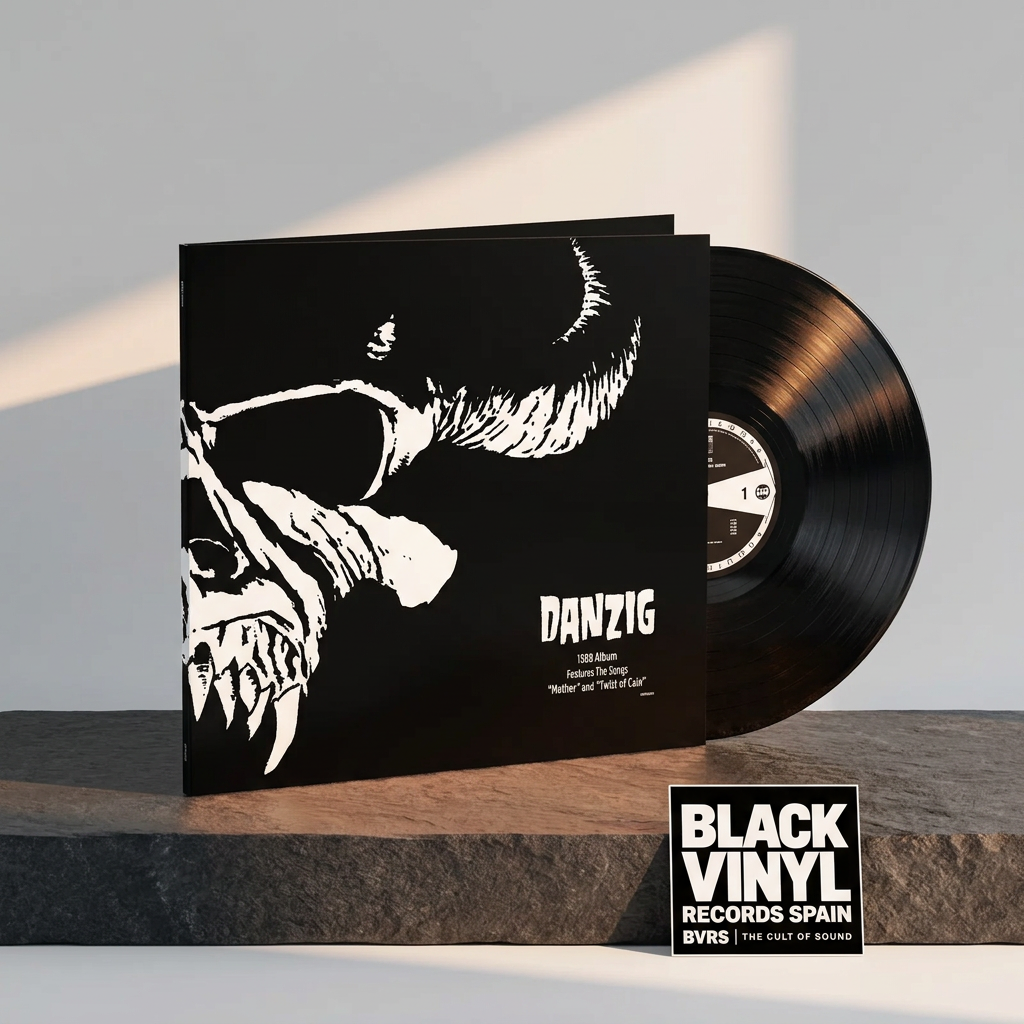 Escena editorial BVRS cálida de Danzig con portada y vinilo negro protagonistas y una tarjeta de la tienda