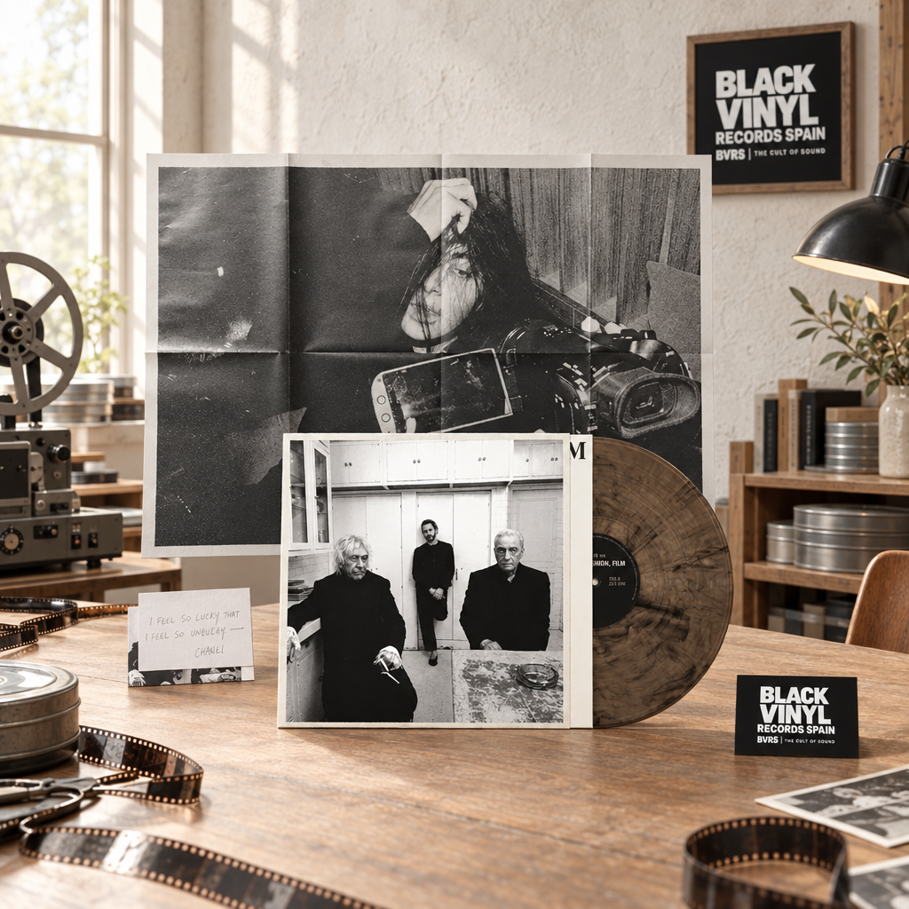 Packshot del disco en un estudio de cine analógico luminoso, con cartel y tarjeta de Black Vinyl Records Spain.