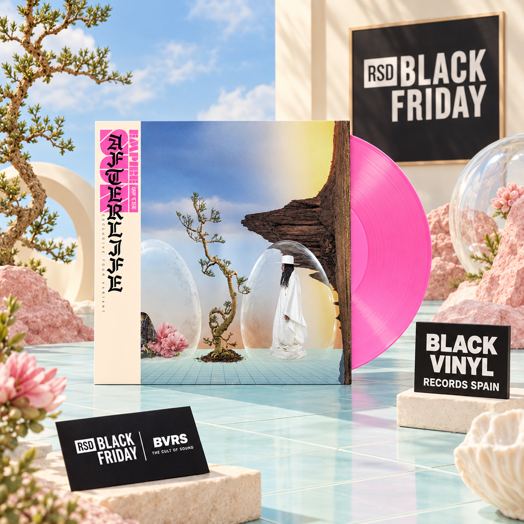 Portada Afterlife y vinilo rosa en un escenario luminoso con cartel RSD Black Friday y marca BVRS