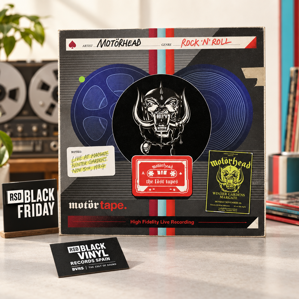 Motörhead, imagen BVRS RSD en un estudio luminoso con detalles rojos y turquesa