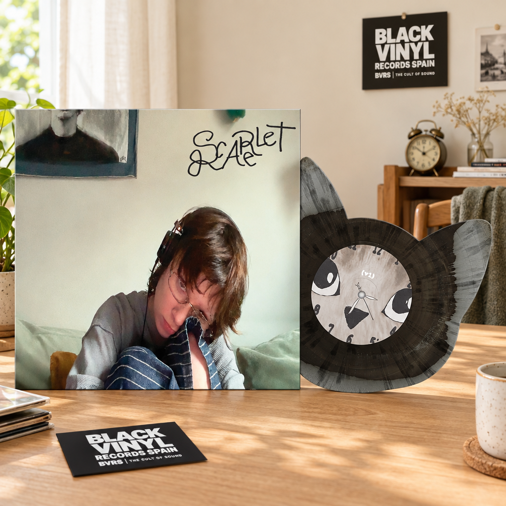 Portada y vinilo con forma de gato en escena editorial BVRS