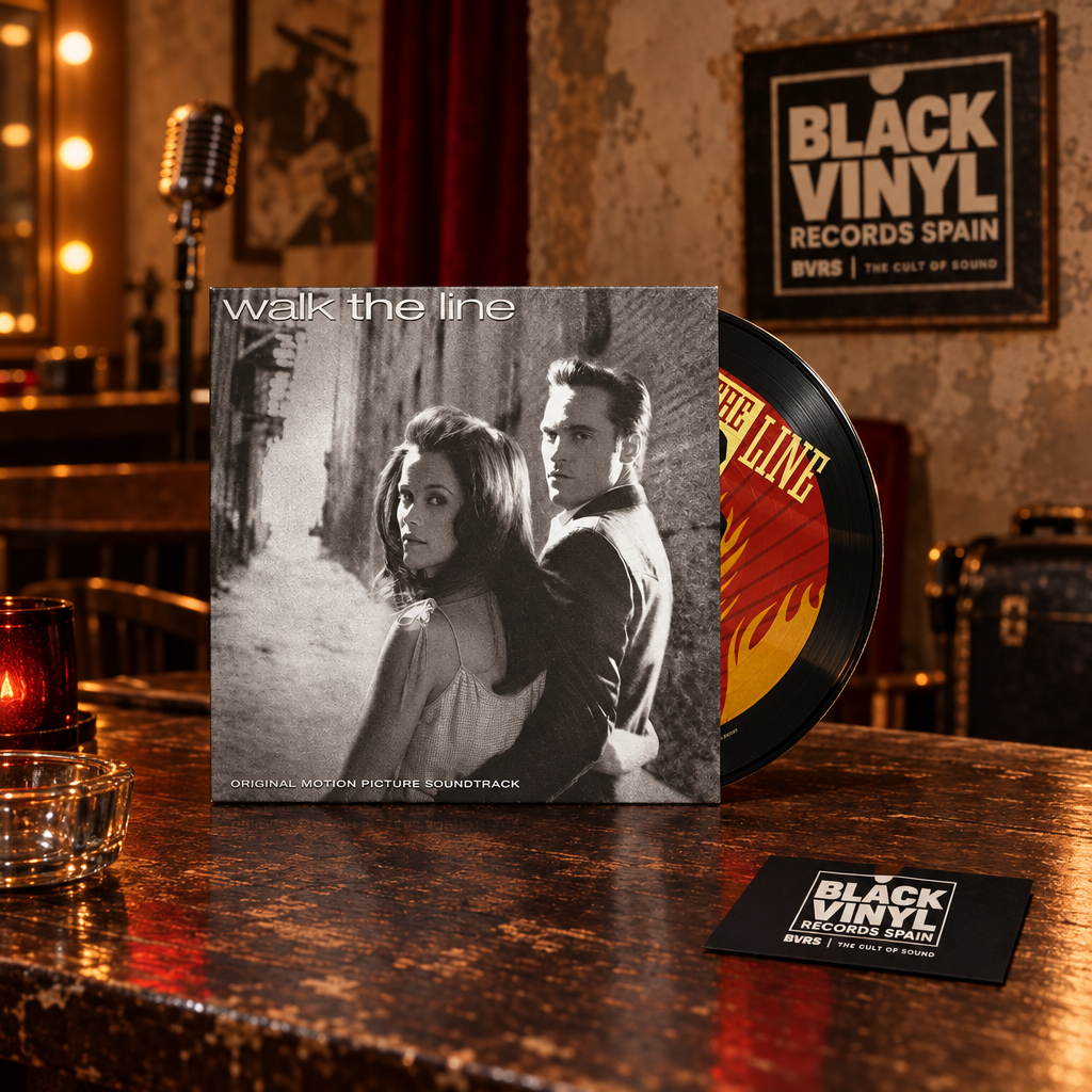 Walk the Line en una escena de camerino vintage con cartel y tarjeta de Black Vinyl Records Spain