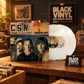 Portada Crosby, Stills & Nash Greatest Hits con dos vinilos blancos en una tienda de discos y cartel BVRS