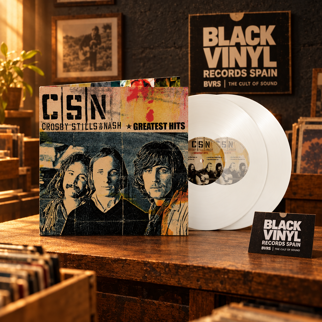 Portada Crosby, Stills & Nash Greatest Hits con dos vinilos blancos en una tienda de discos y cartel BVRS