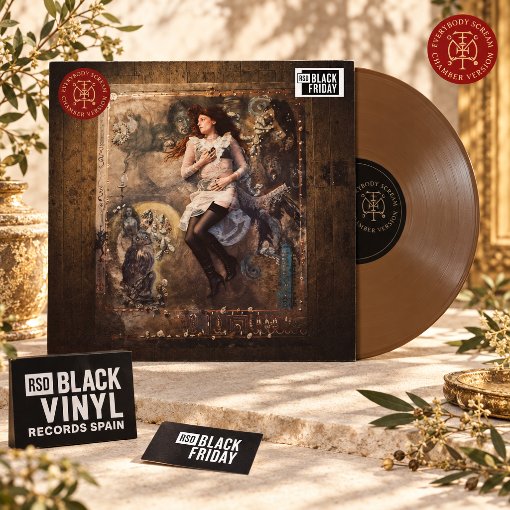 Vinilo y portada en escena editorial luminosa RSD Black Friday