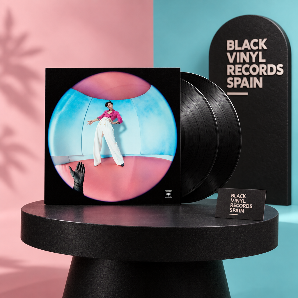 Escena editorial BVRS con portada de Fine Line y dos vinilos negros