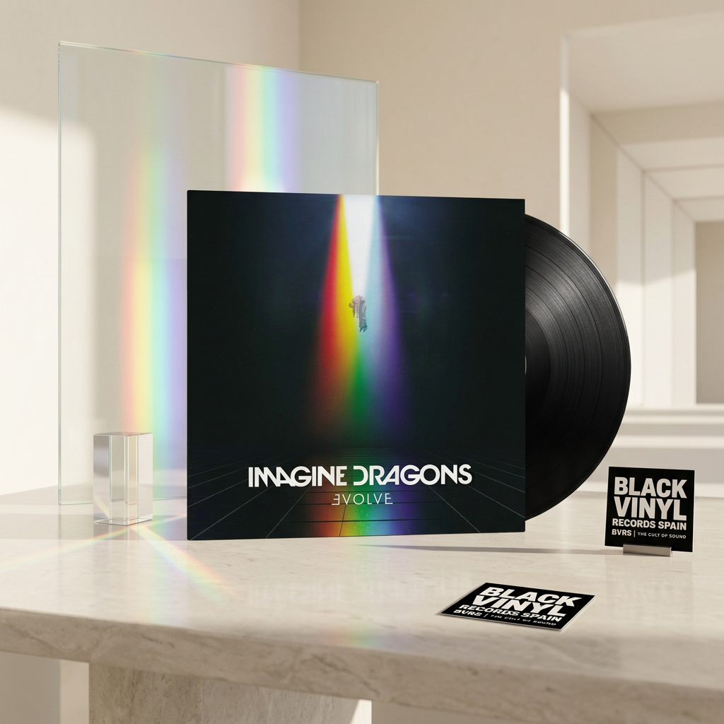 Escena editorial BVRS inspirada en Evolve de Imagine Dragons, con cristal óptico y reflejos arcoíris