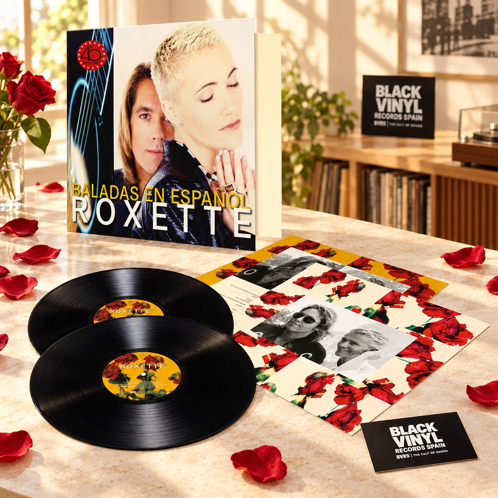 Roxette Baladas En Español en doble vinilo negro, escena BVRS con rosas rojas y luz natural.