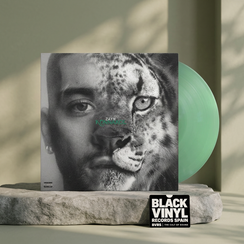 Escena editorial BVRS cálida de Zayn con portada y vinilo verde protagonistas y una tarjeta de la tienda