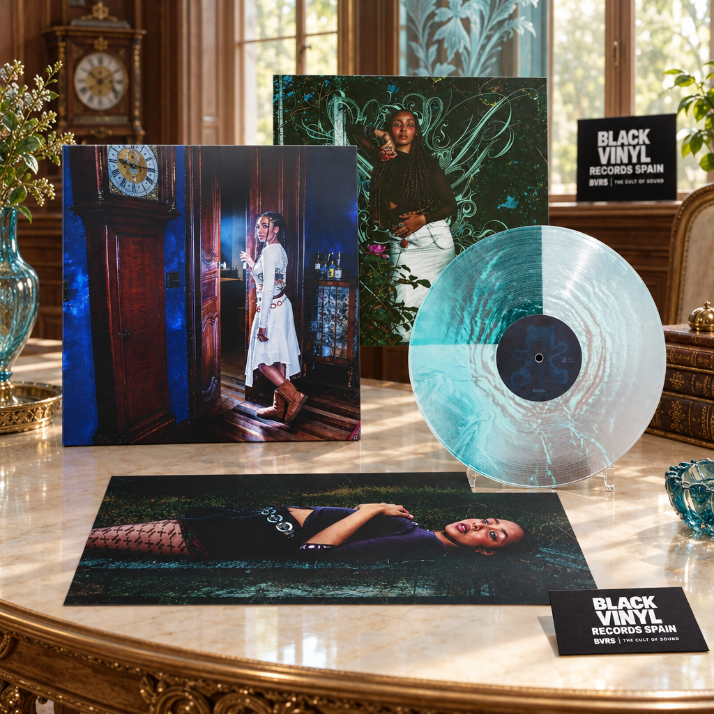 Escena editorial BVRS en un salón vintage luminoso, con vinilo aqua y blanco y piezas del packshot