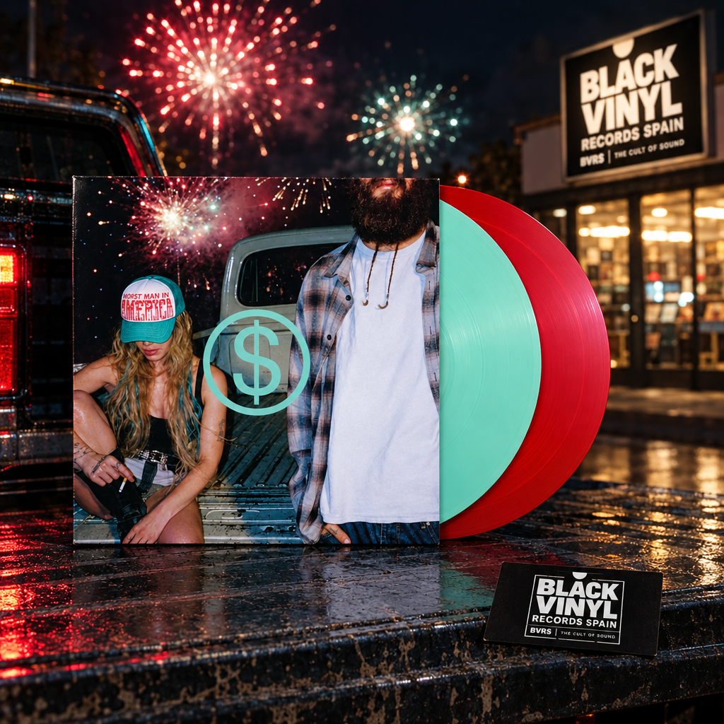 Escena BVRS con portada y vinilos rojo y menta, fuegos artificiales, cartel y tarjeta de Black Vinyl Records Spain