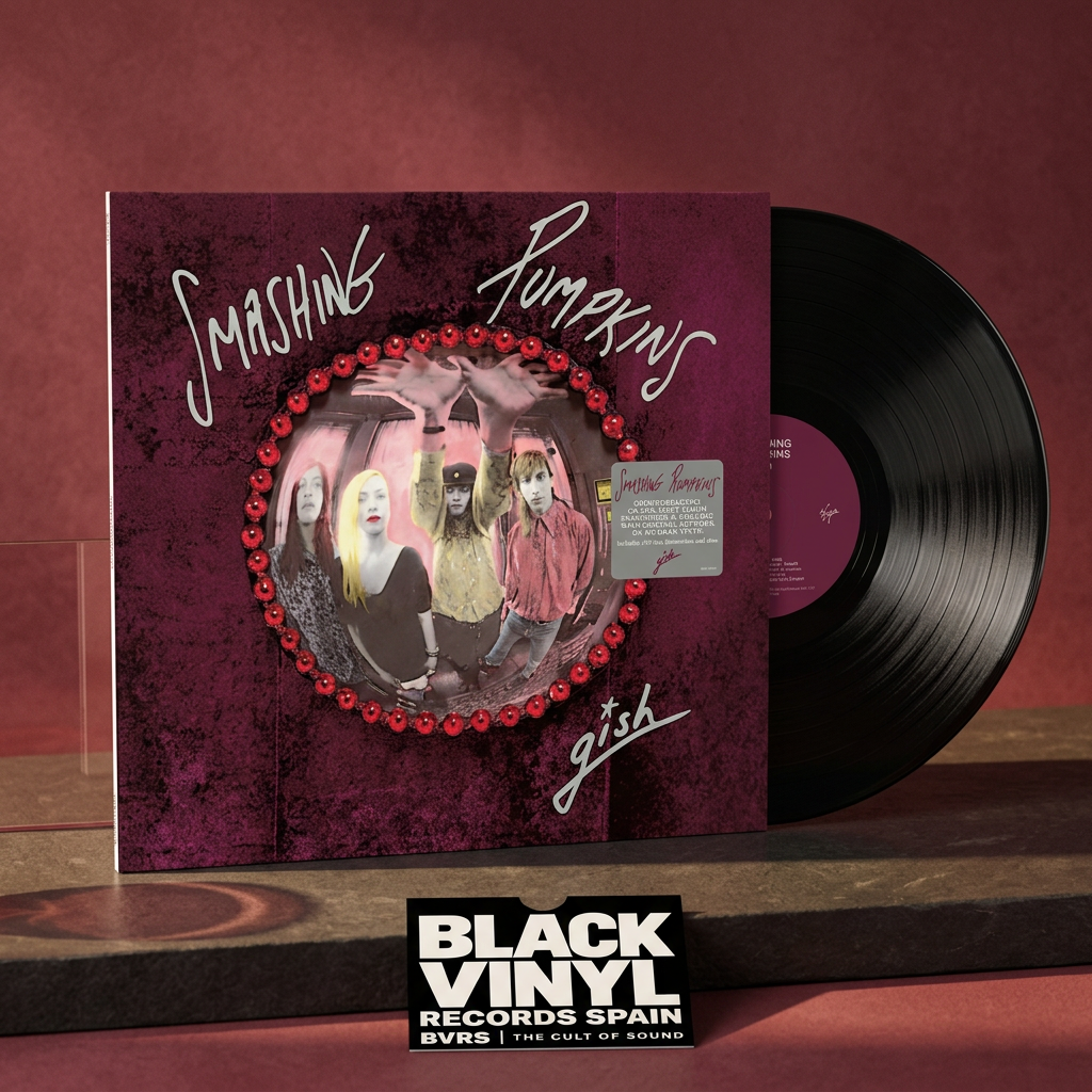 Escena editorial BVRS cálida de The Smashing Pumpkins Gish con portada y vinilo negro protagonistas