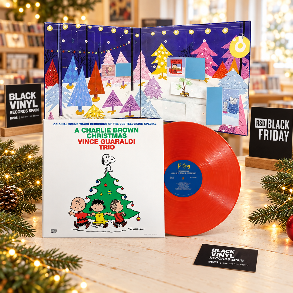 A Charlie Brown Christmas con desplegable y vinilo rojo en una escena navideña con distintivos BVRS y RSD Black Friday