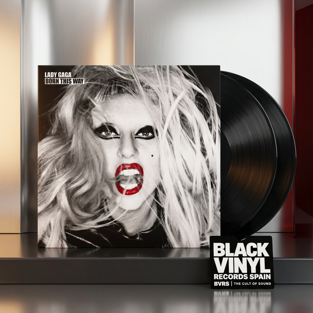 Escena editorial BVRS cálida de Lady Gaga Born This Way con portada y dos vinilos negros protagonistas