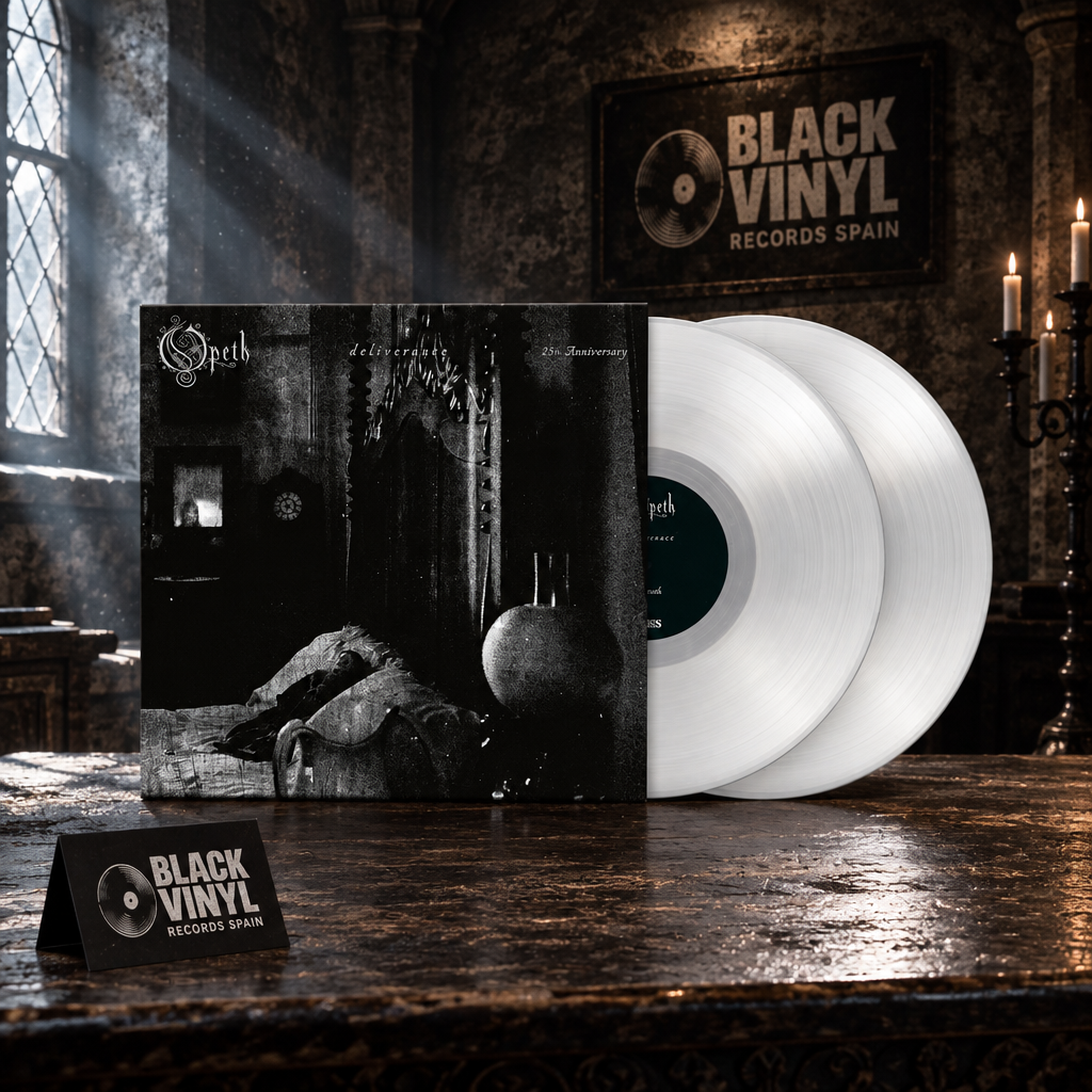Portada de Deliverance de Opeth con dos vinilos blancos en escena oscura BVRS