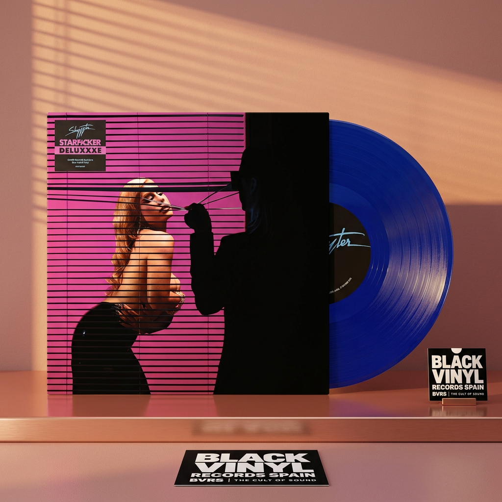 Escena editorial BVRS cálida de Slayyyter con portada y vinilo azul protagonistas entre reflejos rosa y ámbar