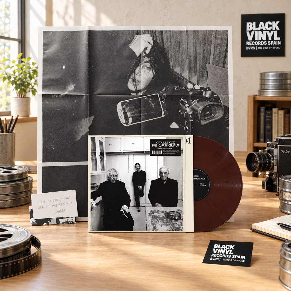 Packshot de Music, Fashion, Film con vinilo marrón rojizo, póster e insertos en un estudio cinematográfico luminoso con cartel y tarjeta BVRS.