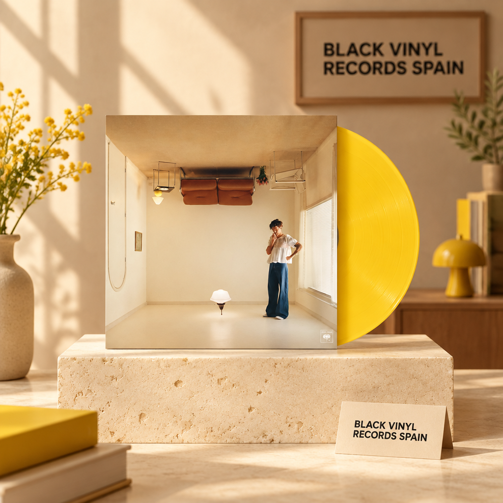 Escena editorial BVRS de Harry's House con funda y vinilo amarillo