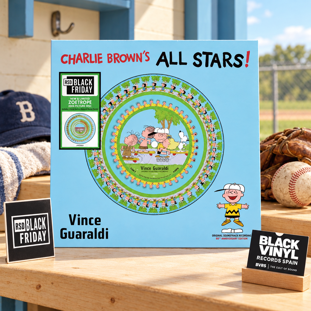 Charlie Brown’s All Stars! de Vince Guaraldi en un entorno de béisbol con distintivos BVRS y RSD Black Friday
