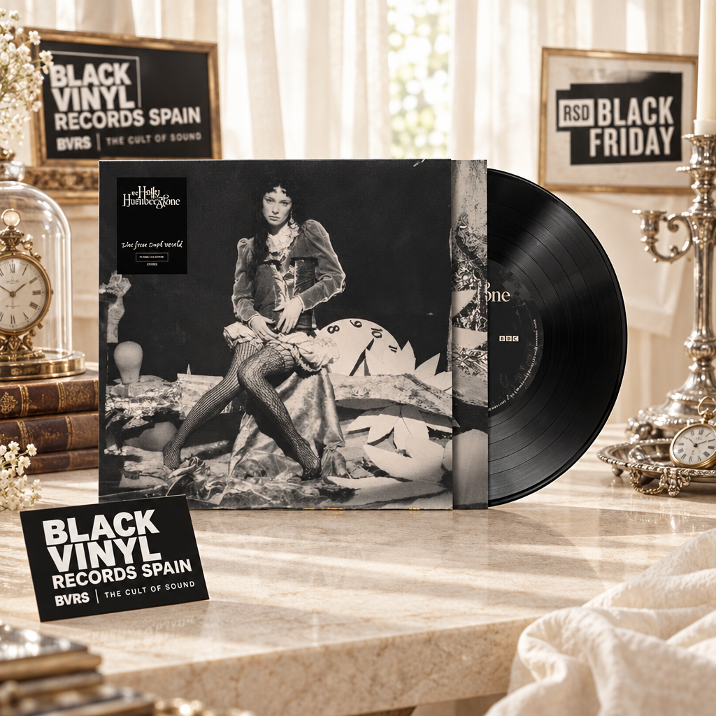 Portada en blanco y negro y vinilo negro en un escenario luminoso con relojes y distintivos BVRS y RSD Black Friday