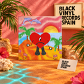 Portada con corazón rojo en paisaje tropical, presentada en escena editorial de Black Vinyl Records Spain