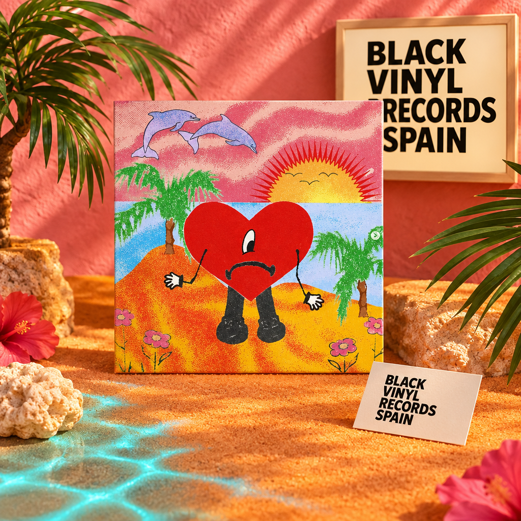 Portada con corazón rojo en paisaje tropical, presentada en escena editorial de Black Vinyl Records Spain