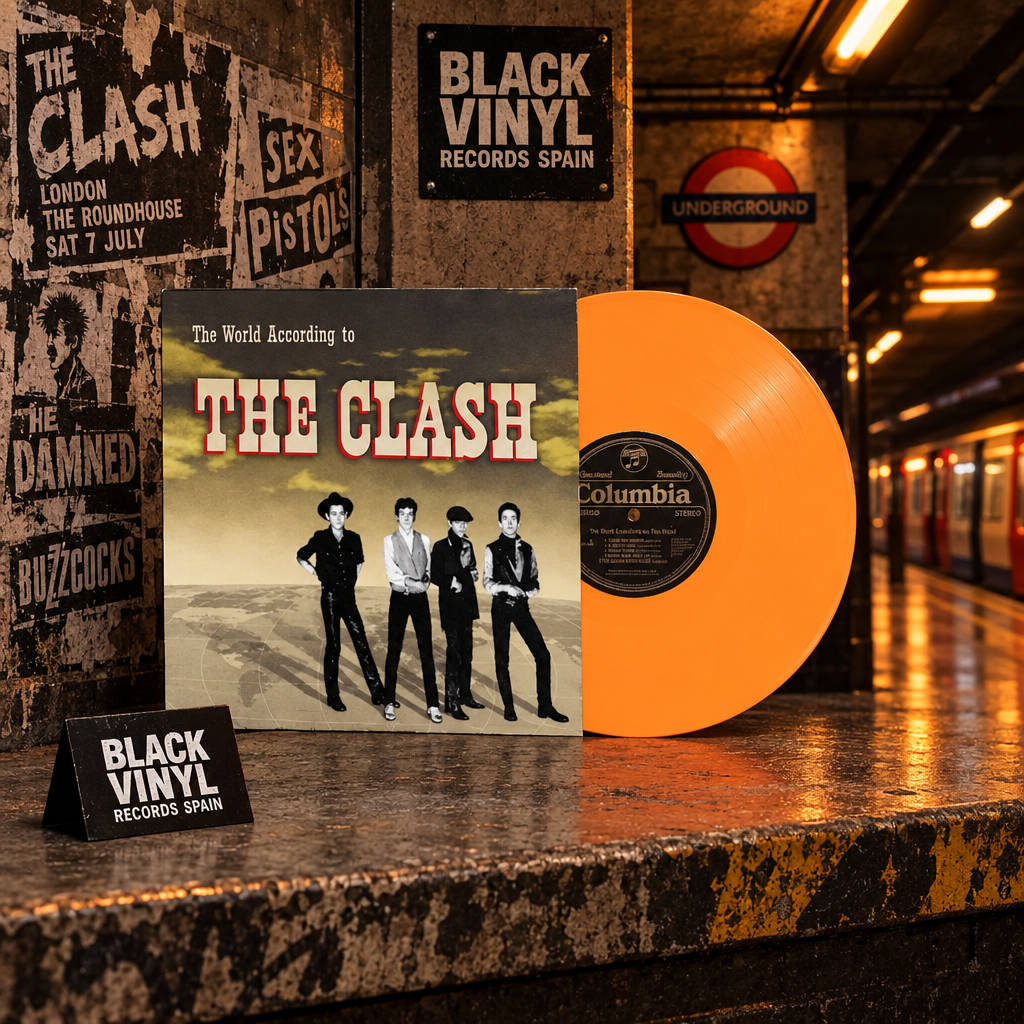 Portada de The World According to The Clash con vinilo naranja en escena BVRS
