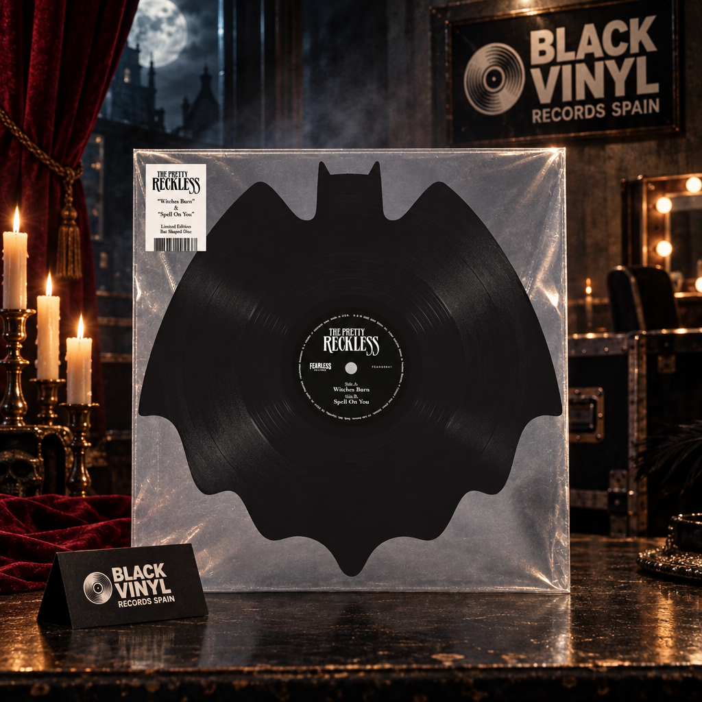 Vinilo negro con forma de murciélago de The Pretty Reckless en escena teatral oscura