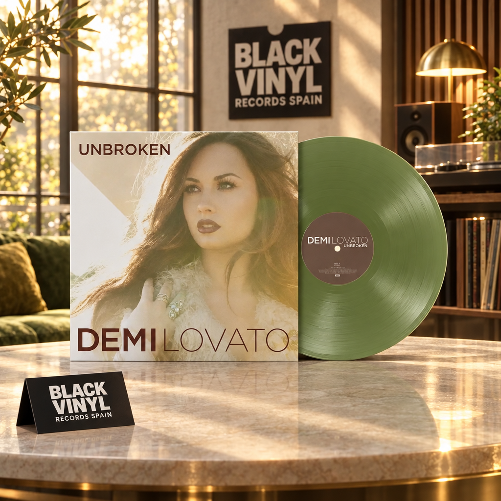 Vinilo verde oliva de Unbroken de Demi Lovato en escena de luz cálida