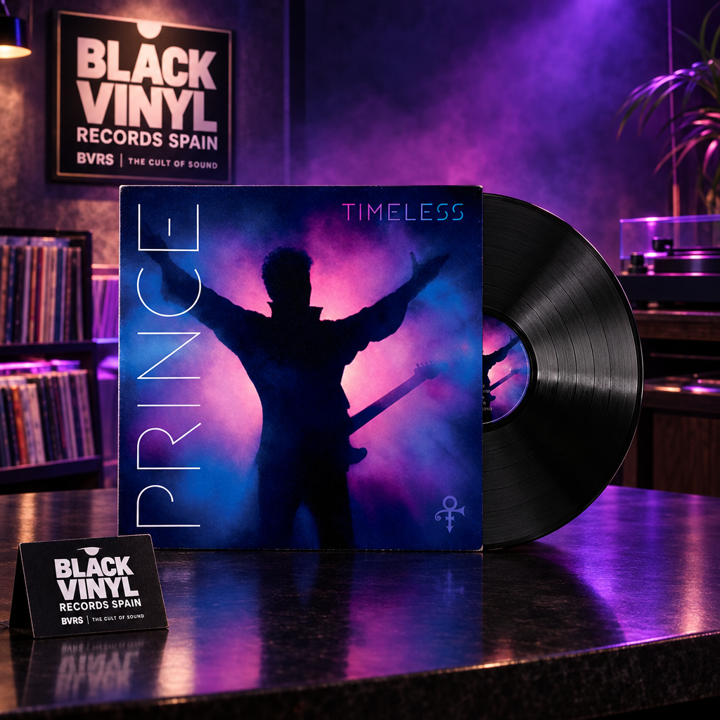 Prince - Timeless, portada y vinilo negro en una escena BVRS iluminada en violeta y azul
